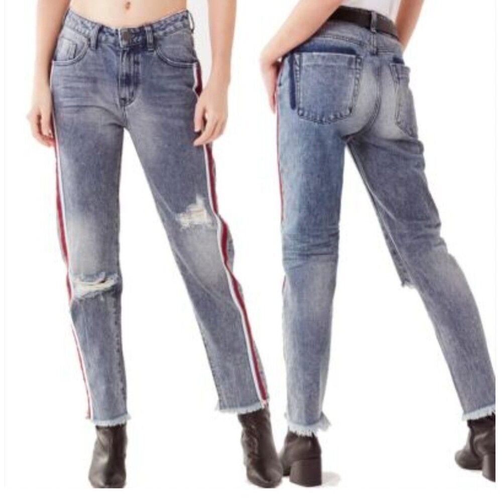 ONE x ONE TEASPOON Tuxedo Red Stripe Hight Waist Distressed Womens 27 Jeans